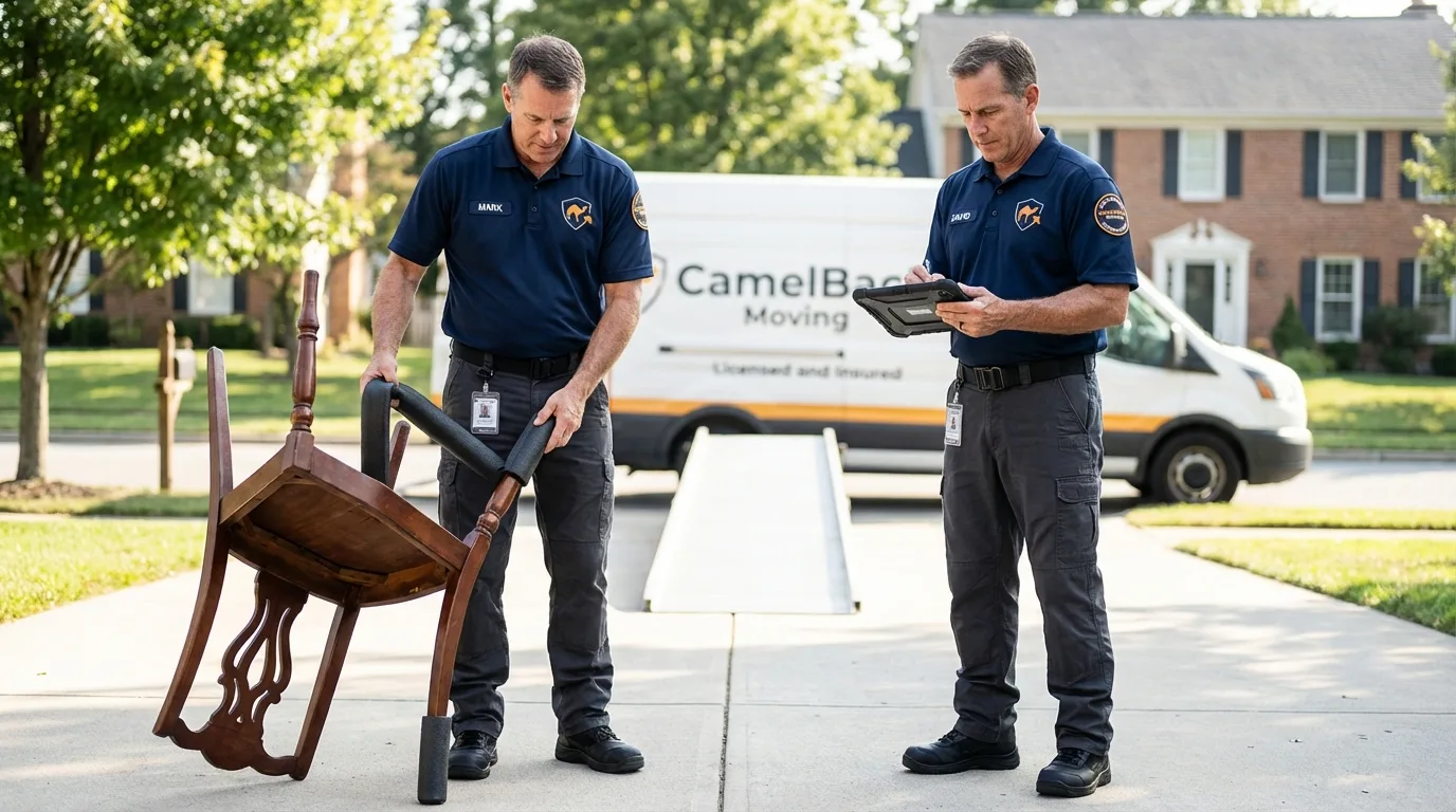Movers inspecting furniture for damage prevention before loading in Thibodaux, LA