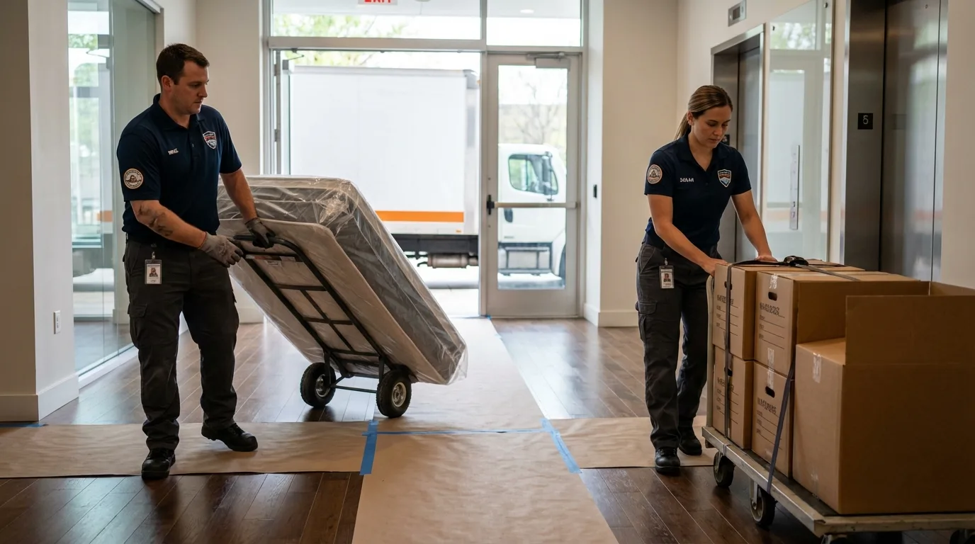 Professional apartment movers loading elevator in Thibodaux, LA
